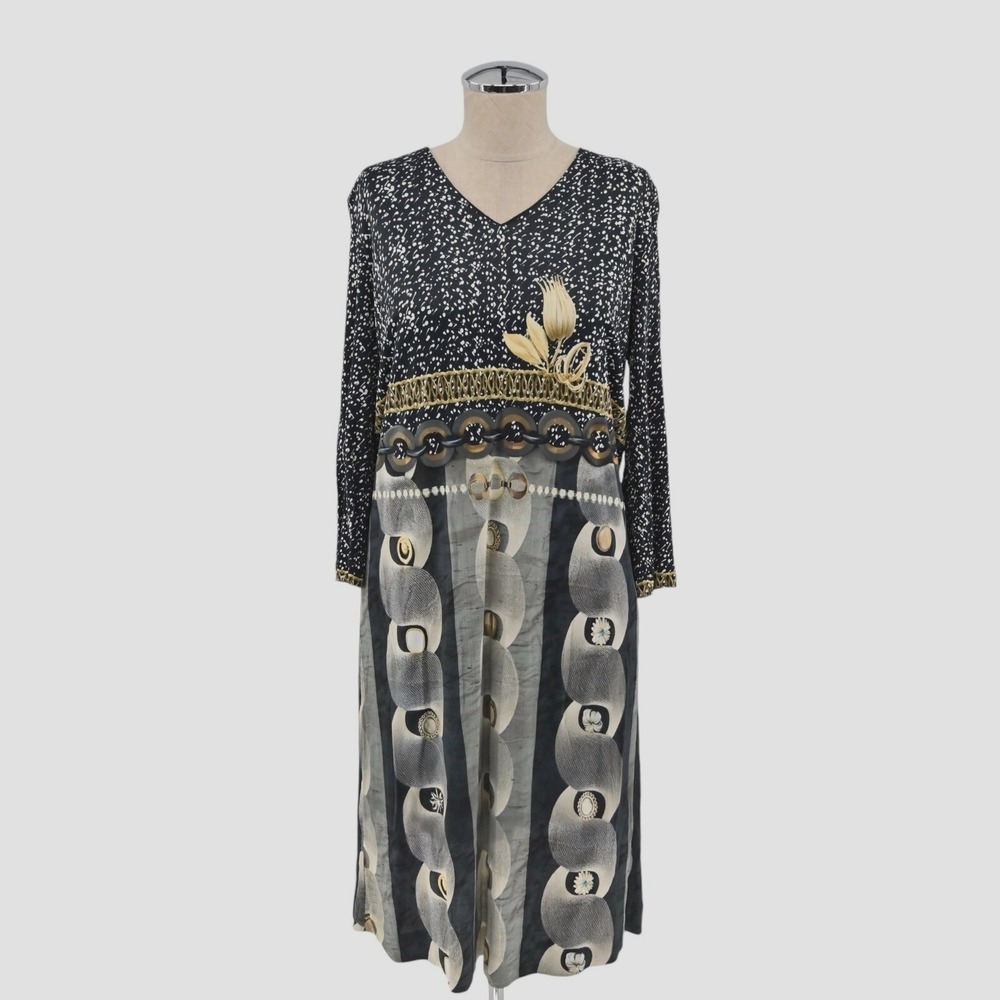 MALIPARMI Dress Womens Sz IT 46 US 10 Black Retro Print Long Sleeve Shift Italy